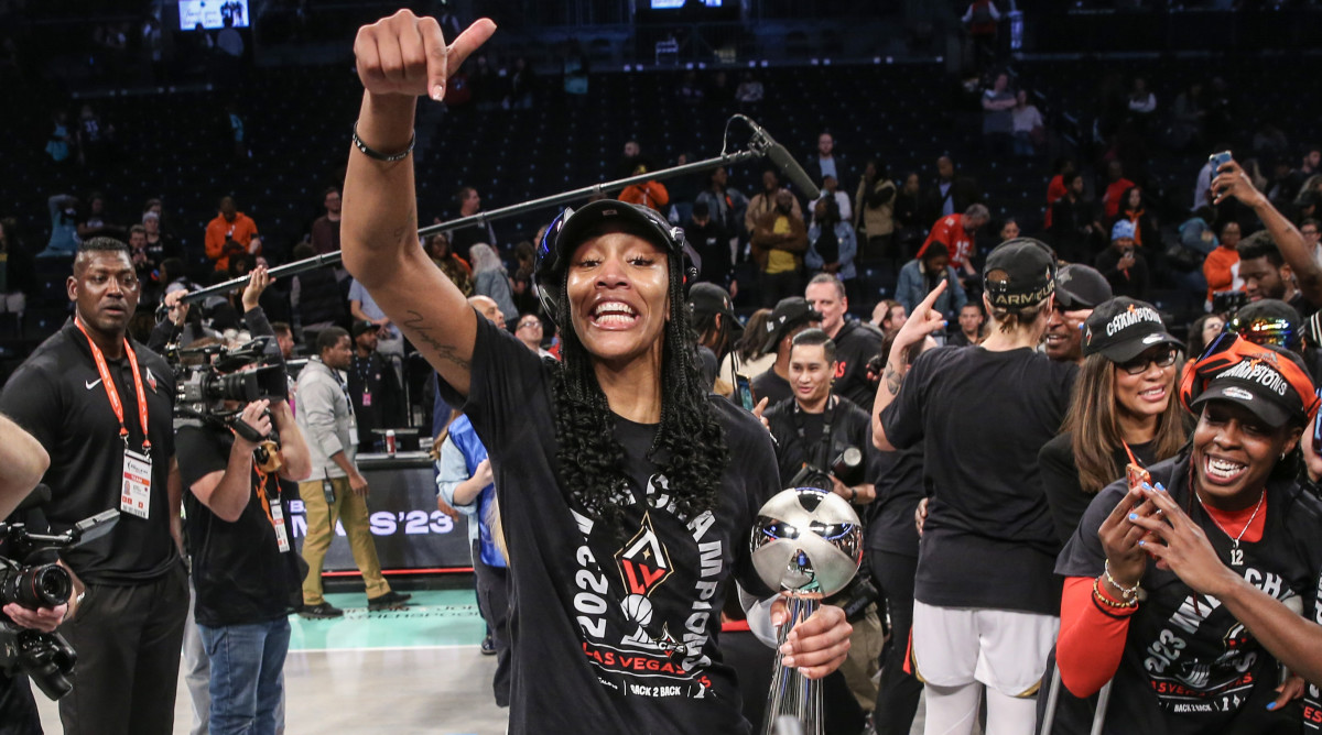 Las Vegas Aces forward A’ja Wilson celebrates after winning the 2023 WNBA Finals at Barclays Center.